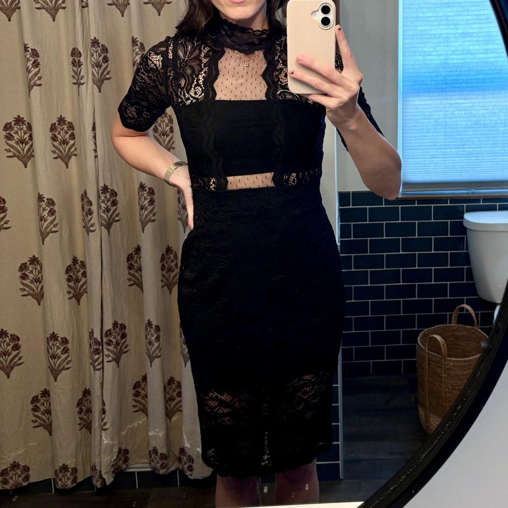 Express black lace midi dress with bandeau top